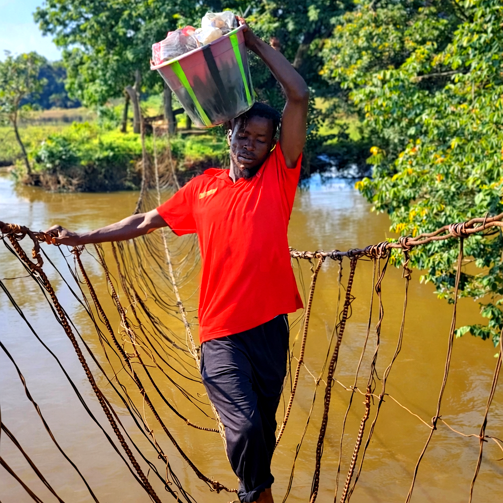 People crossing vine bridge